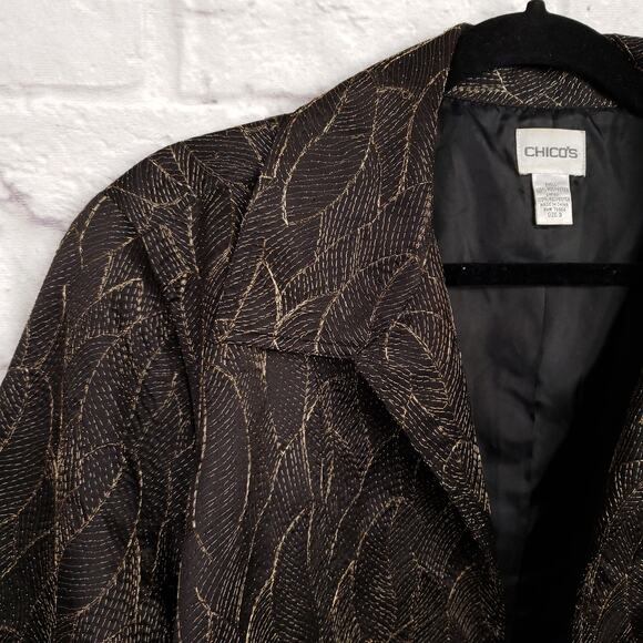 Chico's Size 3 Black & Metallic Bronze Embroidered Leaf Open Jacket Size XL 16 - Picture 3 of 10
